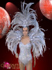Silver tasseled dance leotard with matching silver backpack wing and headdress
