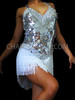 Silver Sequined Latin Dance Dress With Long White Fringed Skirt