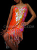 Neon Orange Sequined Diva's Dance Dress With Beaded Fringe Skirt