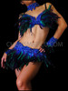 Blue Sequin Applique Accented Purple And Green Feather Bra And Skirt Set