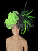 Asymmetrical Organza Ruffled Headdress In Green And Black With Feather Accents