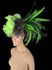 Asymmetrical Organza Ruffled Headdress In Green And Black With Feather Accents