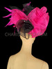 Asymmetrical Organza Ruffled Headdress In Fuchsia And Black With Feather Accents