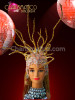 Showgirl's Exotic Twig Accented Golden Headdress With Crystal Beaded Cap