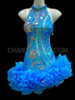 Cool Blue Ruffle Hem Sequined Dress With Silver Floral Patterning