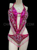 Showgirl's Fuchsia Sequin Accented Pink And Silver Beaded Dancer's Leotard