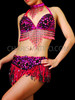 Black Beaded Fuchsia Go-Go Bra And Matching Beaded Fringe Skirt