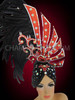 Retro Black Feather Accented Red Cabaret Headdress With Crystal Accents