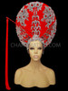 Exotic Large Silver Lace Embellished Red Circular Drag Queen Headdress