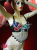 Floral Patterned Black Sequined Belly Dancing Bra With Silver Beaded Fringe
