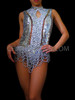 Ultra Short Silver Sequin Showgirl Dress Style Leotard With Beaded Drape Skirt