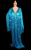 Floor Length V-Neck Metallic Blue Sequin Fringe Drag Queen Gown