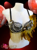 Rhinestone Accented Golden Chained Diva's Asymmetrical Bronze Feather Showgirl Bra