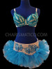 Silver Sequin Embellished Blue Feather Bra With Matching Beaded Skirt