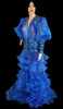 Sheer Pleated royal blue Organza Ruffle Coat With Iridescent Crystal Accents