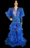 Sheer Pleated royal blue Organza Ruffle Coat With Iridescent Crystal Accents