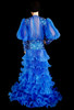 Sheer Pleated royal blue Organza Ruffle Coat With Iridescent Crystal Accents