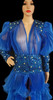 Sheer Pleated royal blue Organza Ruffle Coat With Iridescent Crystal Accents