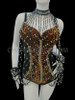 Brown Sequin Accented Black Leotard With Coordinating Cuff Necklace