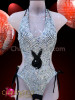 Sexy Metallic Silver Sequin Playboy Logo Fully Adjustable Halter-Style Leotard