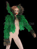 Fancy Plush Green Feathered Peacock Plume Trimmed Diva Cabaret Jacket