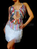 Silver Sequin Colored Crystal Trimmed Keyhole Halter Fringed Latin Dress