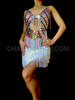 Silver Sequin Colored Crystal Trimmed Keyhole Halter Fringed Latin Dress