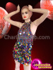 Diva's Jumbo Sequin Accented Rainbow Multi-Color High Neck Salsa Dress