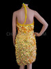 Iridescent Fiery Yellow 3D Sequin Halter Style Latin Dance Dress