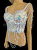 White Iridescence Shiny Crystal Covered Draped Bead Fringe Showgirl's Bra