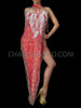 Silver Applique Trimmed Deep-V Hem Red Sequin Fringed Salsa Dress