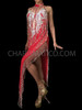 Silver Applique Trimmed Deep-V Hem Red Sequin Fringed Salsa Dress