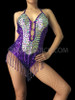 Iridescent Crystal Embellished Purple Beaded Fringe Latin Halter-Style Dance Leotard