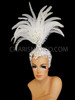 Ornately Crystal Decorated White Feather Diva Headdress With Feather Cap