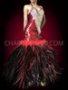 Iridescent Crystal Heart Topped Red Sequin Feathered Skirt Pageant Gown