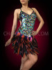 Dark Toned Halter Style Sequin Rainbow Feathered Latin Dance Dress