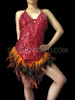 Muted Red Halter-Style Sequin Dance Dress With Flame-Colored Feather Skirt