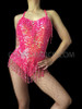 Hot Pink V-Shape Sequin Dance Leotard With Beaded Fringe