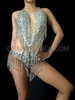 Exotic Silver Sequin Halter-Style O-Ring Dance Leotard With Beaded Fringe