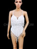Classic Styled White Beaded Fringe Showgirl's Costume Base Dance Leotard
