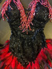 Red Beaded Fringe Black Sequin Dress With Feather Accented Skirt