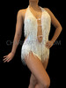 White Iridescent White Beaded Fringe Salsa Dance Leotard