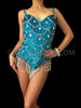 Sky-Blue Sequined Leotard With Silver Scale Pattern, Beaded Fringe And Crystals