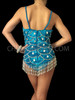 Sky-Blue Sequined Leotard With Silver Scale Pattern, Beaded Fringe And Crystals