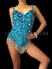 Sky-Blue Sequined Leotard With Silver Scale Pattern, Beaded Fringe And Crystals