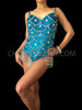 Sky-Blue Sequined Leotard With Silver Scale Pattern, Beaded Fringe And Crystals