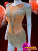 Silver Beaded Fringe Embellished Sequin Shouldered Nude Dance Leotard Dress