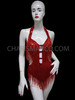 Red Sequin Based Beaded Fringe Diva's Leotard With Side Cutouts