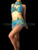 Blue Toned Sequined Floral Style Showgirl's Bra And Thong Set