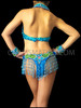 Blue Toned Sequined Floral Style Showgirl's Bra And Thong Set